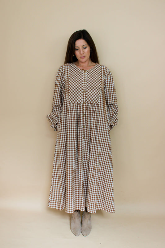 MEADOWS Cortland Long Sleeve Gingham Midi Dress Size 8-10