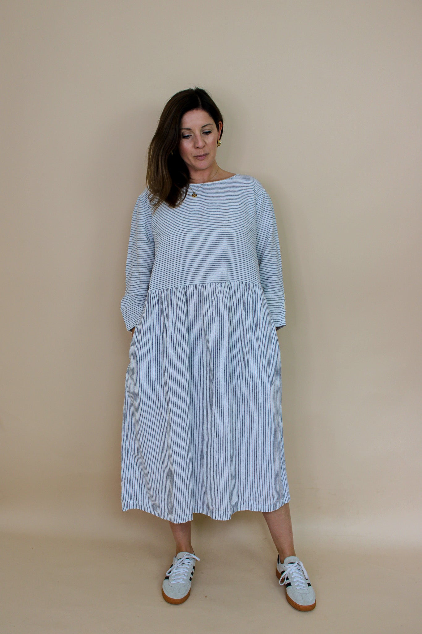 OFFON Loose Washed Striped Linen Midi Dress Size S