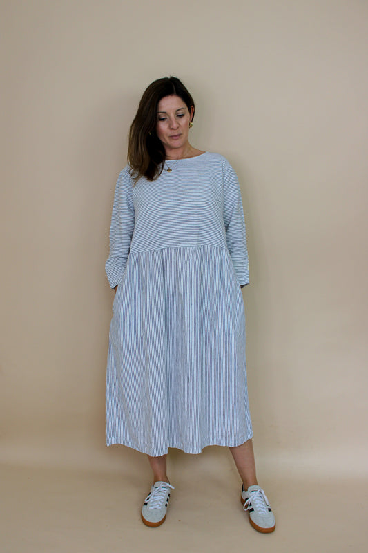 OFFON Loose Washed Striped Linen Midi Dress Size S