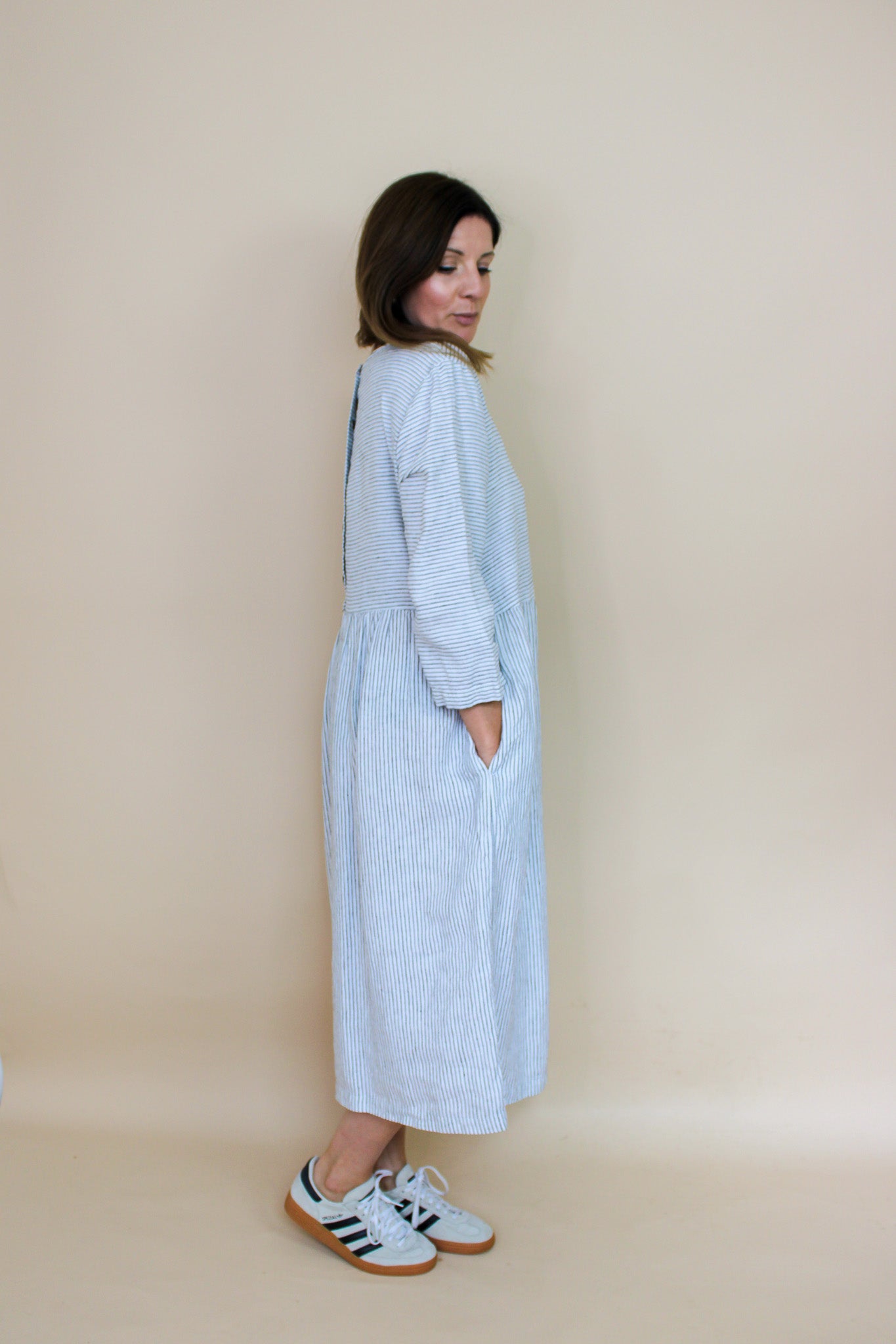 OFFON Loose Washed Striped Linen Midi Dress Size S