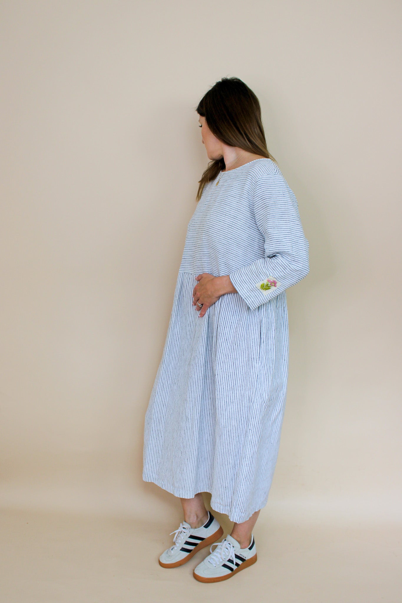 OFFON Loose Washed Striped Linen Midi Dress Size S