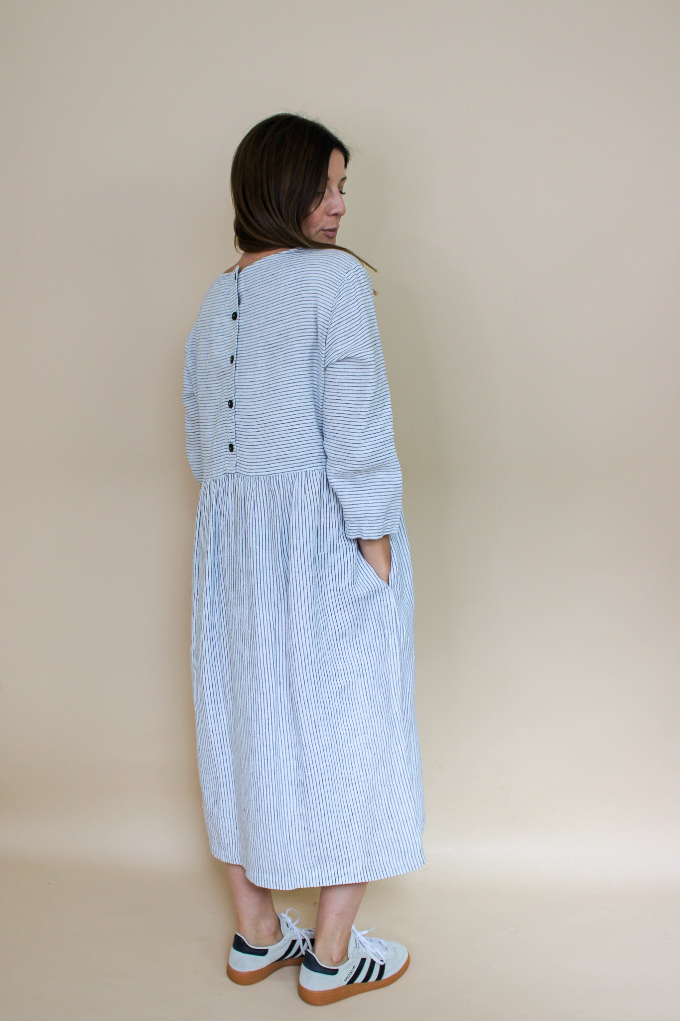 OFFON Loose Washed Striped Linen Midi Dress Size S