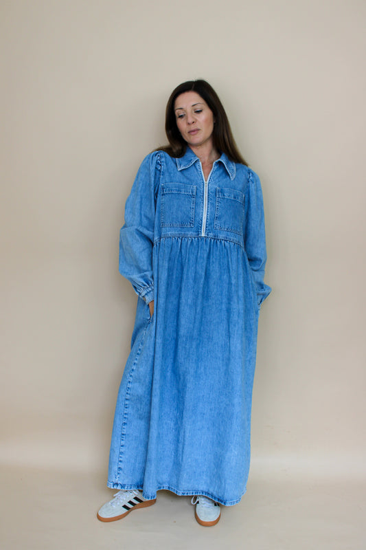 ALIGNE Gabriella Zip Neck Denim Midi Dress Size 12