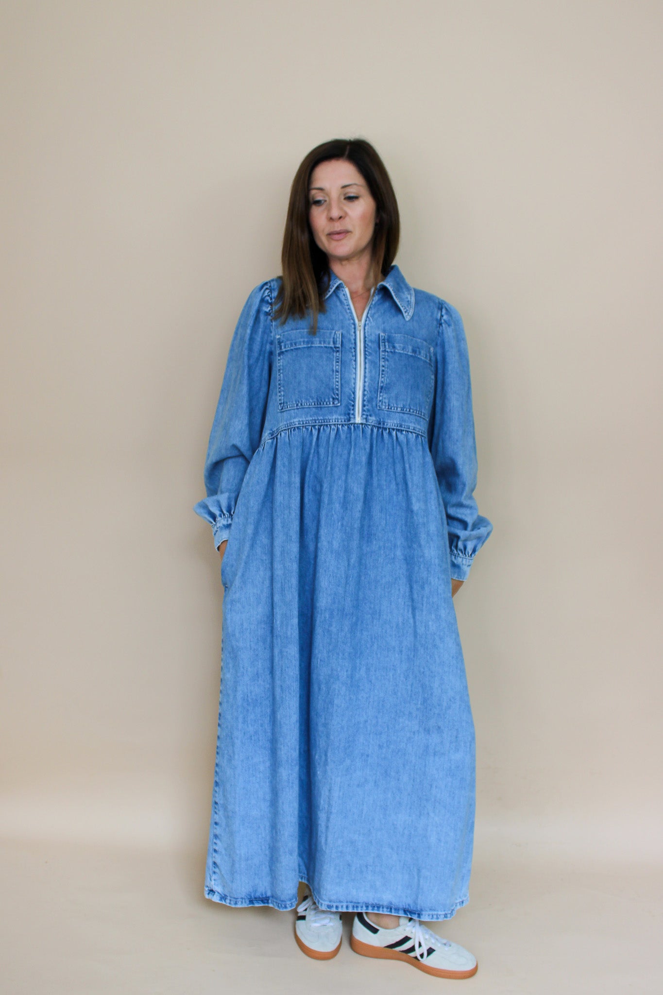 ALIGNE Gabriella Zip Neck Denim Midi Dress Size 12