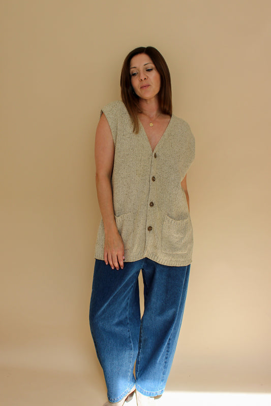VINTAGE ST MICHAEL Raw Silk Knitted Long Waistcoat Size L