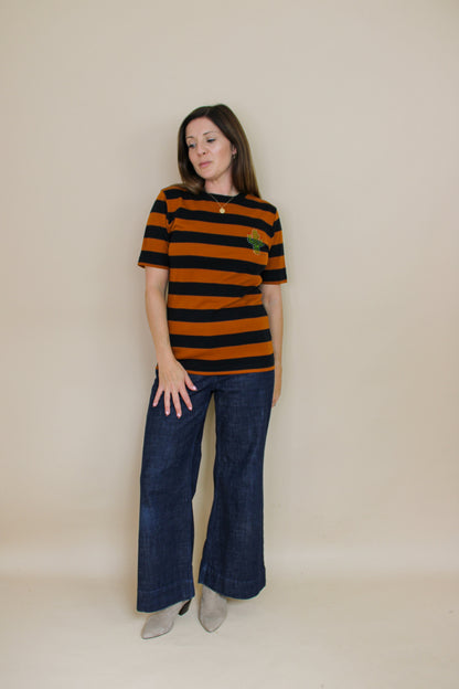 GANNI Everman Crystal Cactus Embellished Stripe Cotton T Shirt Size L