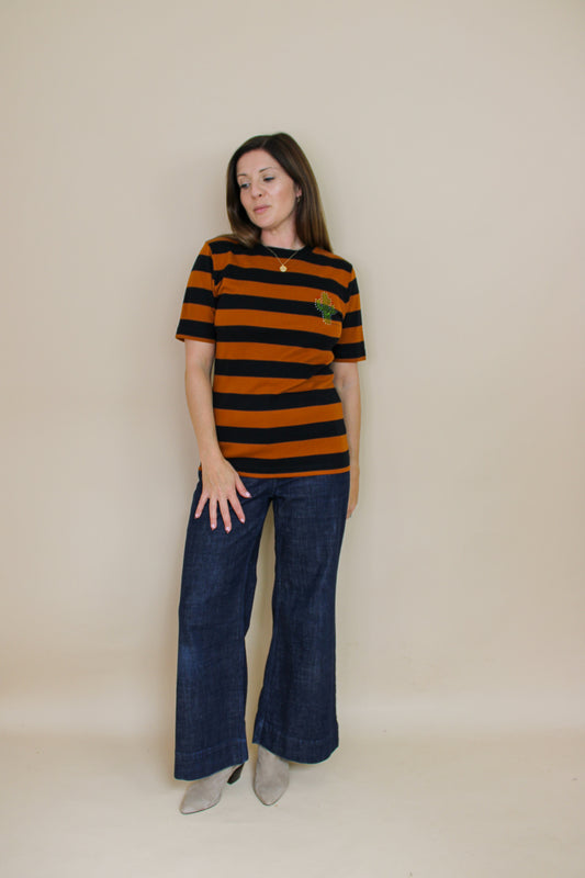 GANNI Everman Crystal Cactus Embellished Stripe Cotton T Shirt Size L