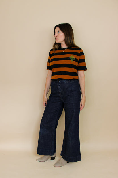 GANNI Everman Crystal Cactus Embellished Stripe Cotton T Shirt Size L