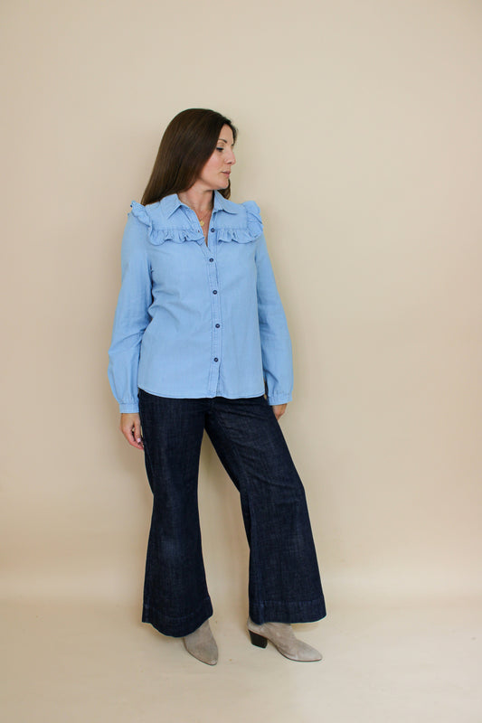 A.P.C Washed Denim Frill Blouse Size 10