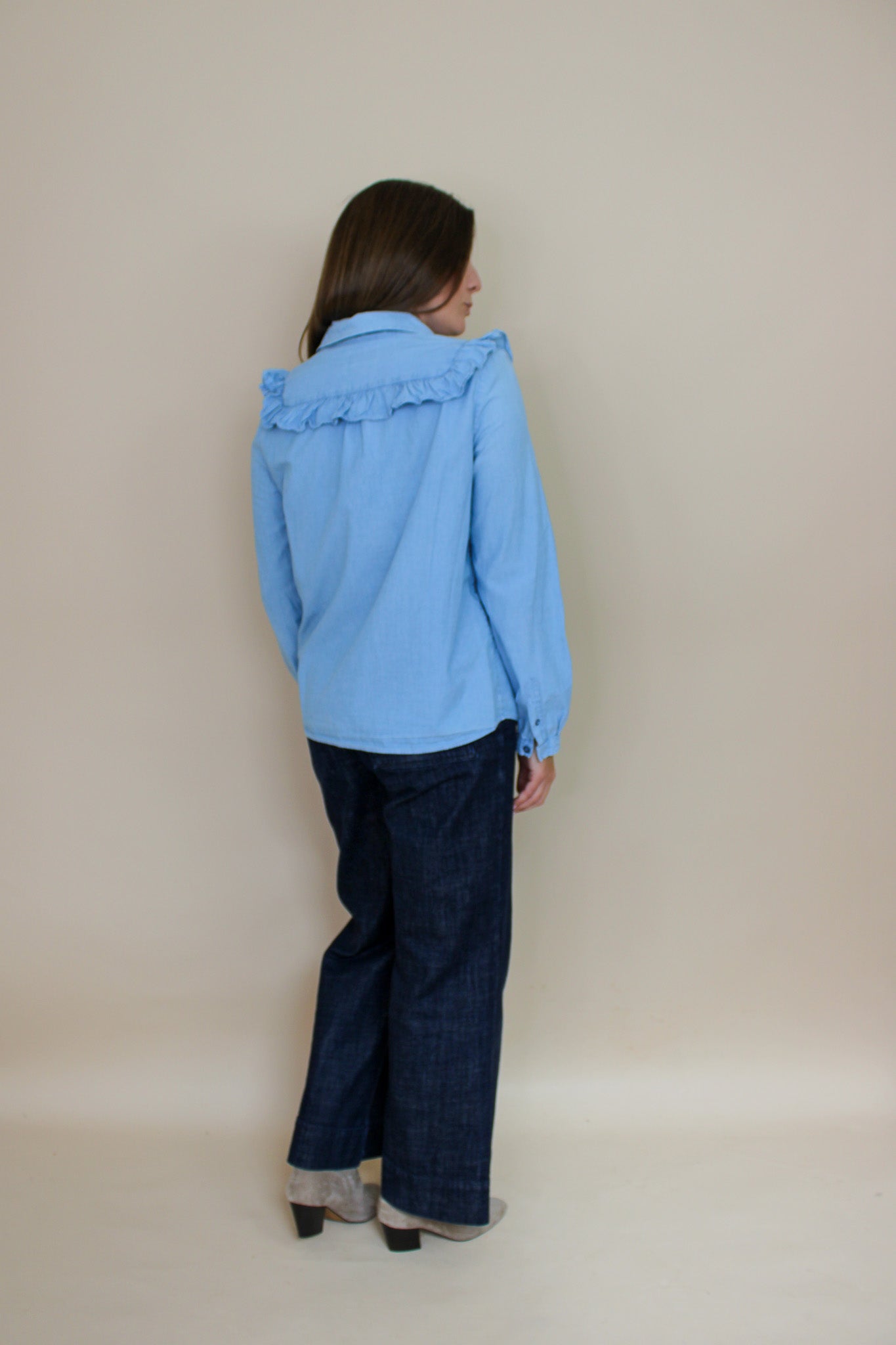 A.P.C Washed Denim Frill Blouse Size 10
