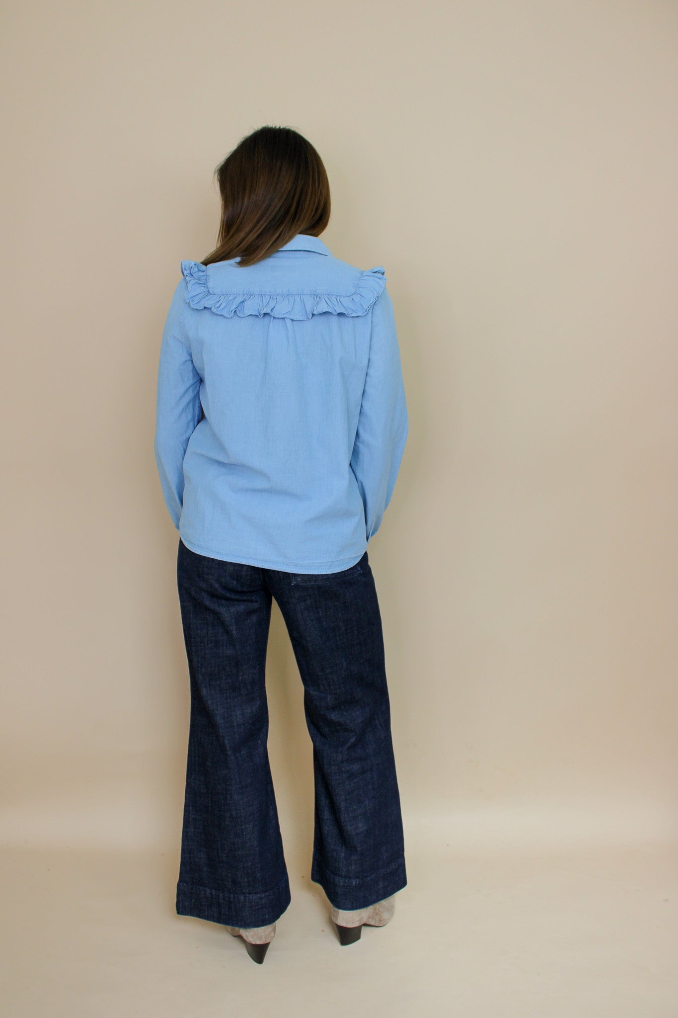 A.P.C Washed Denim Frill Blouse Size 10