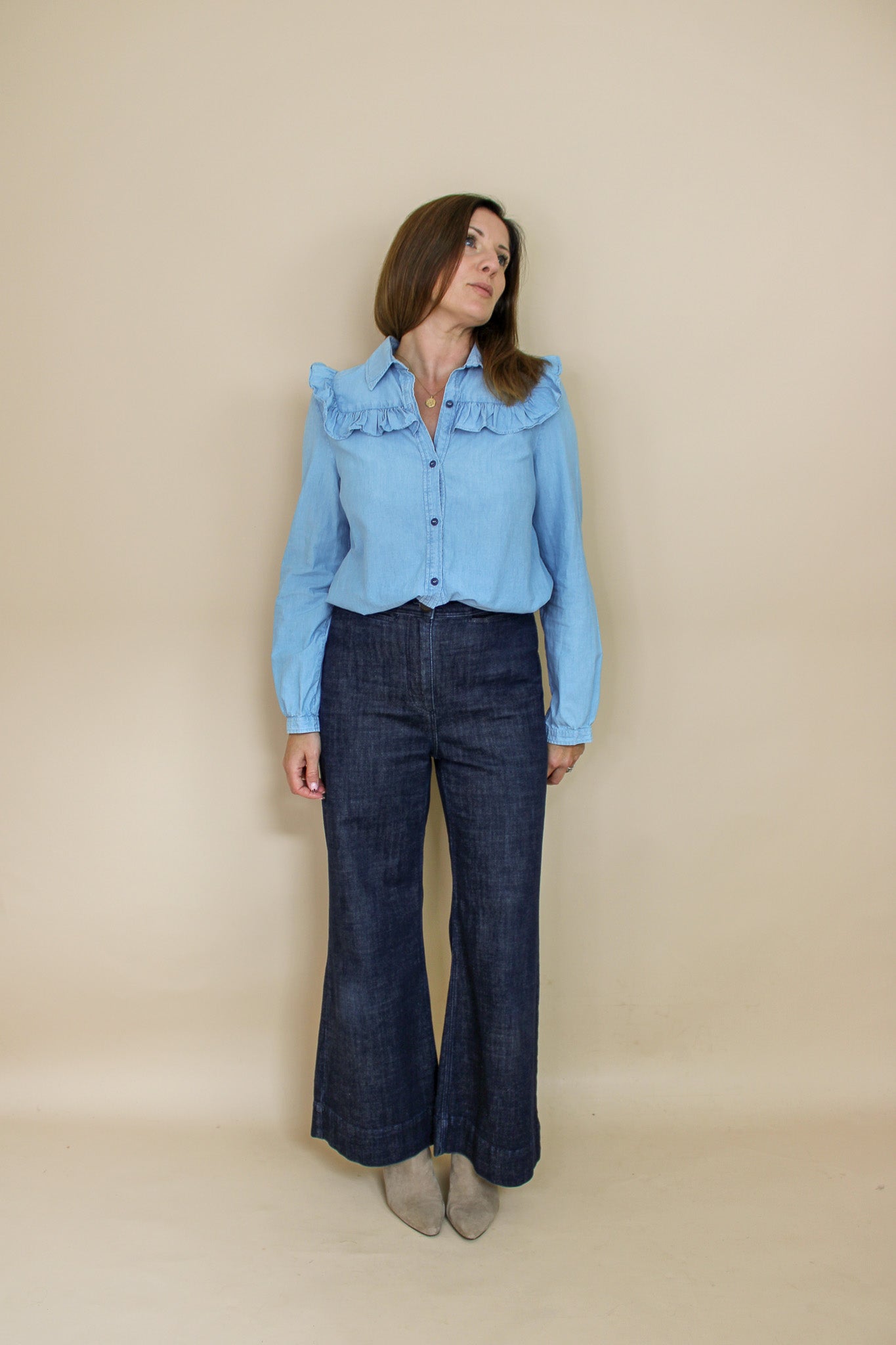 A.P.C Washed Denim Frill Blouse Size 10