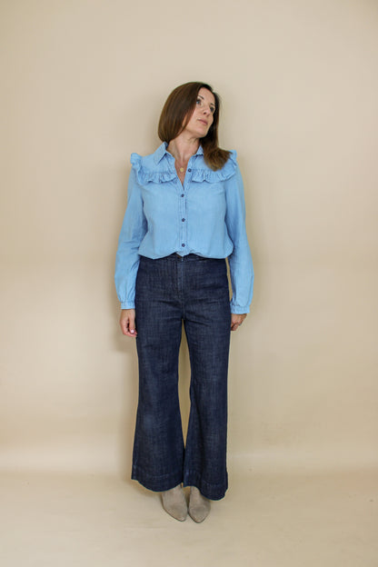 A.P.C Washed Denim Frill Blouse Size 10
