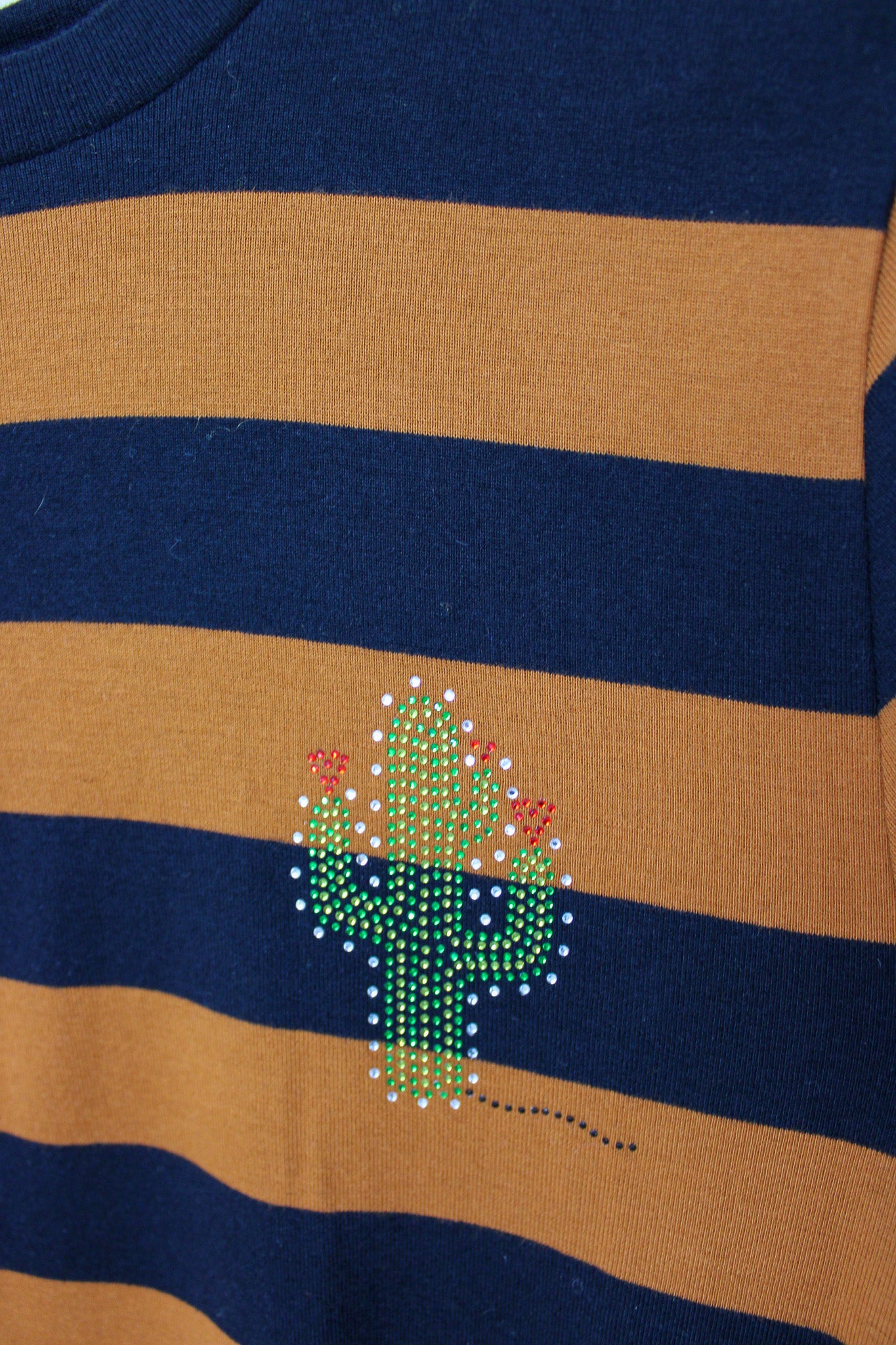 GANNI Everman Crystal Cactus Embellished Stripe Cotton T Shirt Size L