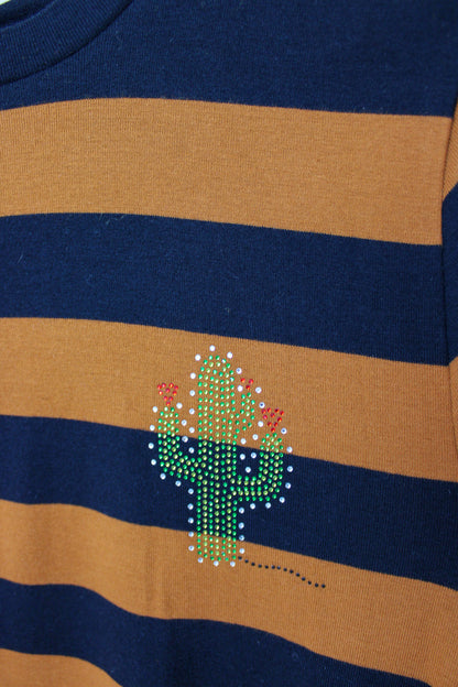 GANNI Everman Crystal Cactus Embellished Stripe Cotton T Shirt Size L