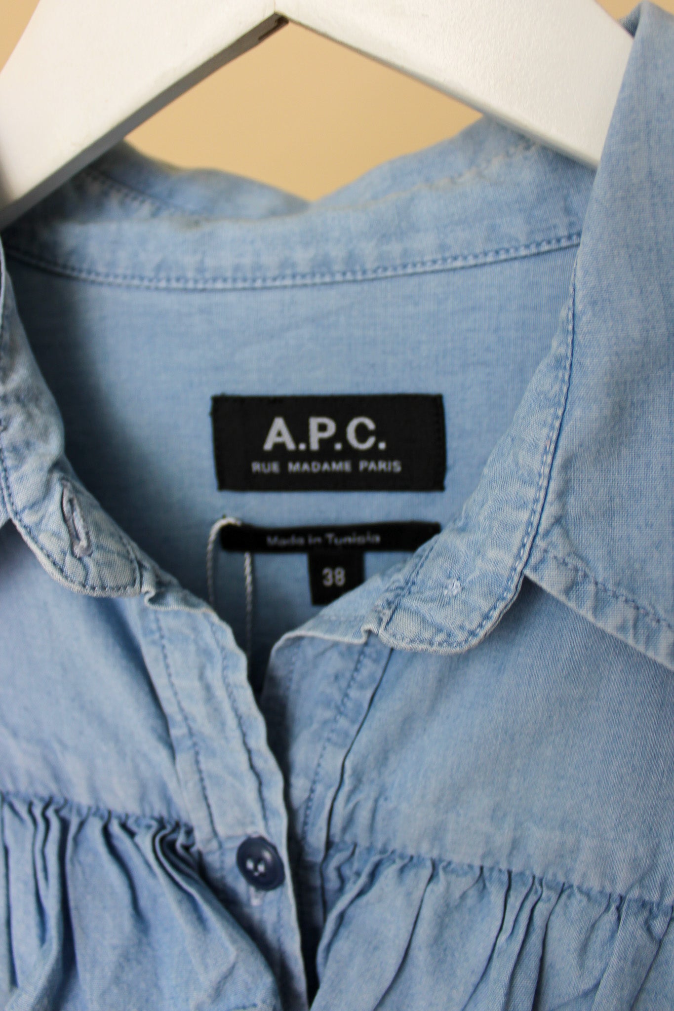 A.P.C Washed Denim Frill Blouse Size 10