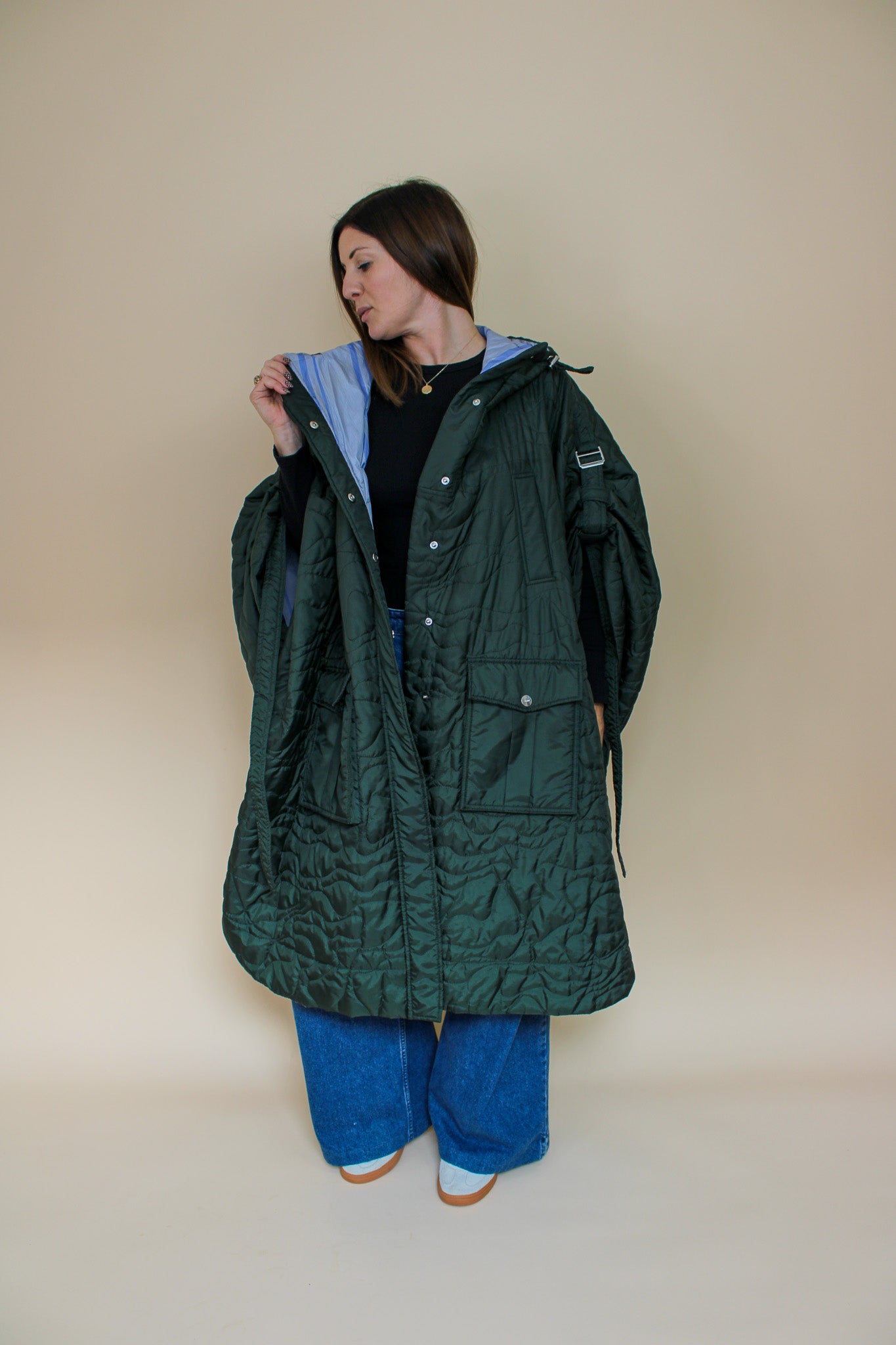GANNI Quilted recycled polyester oversize cape coat Size XS
