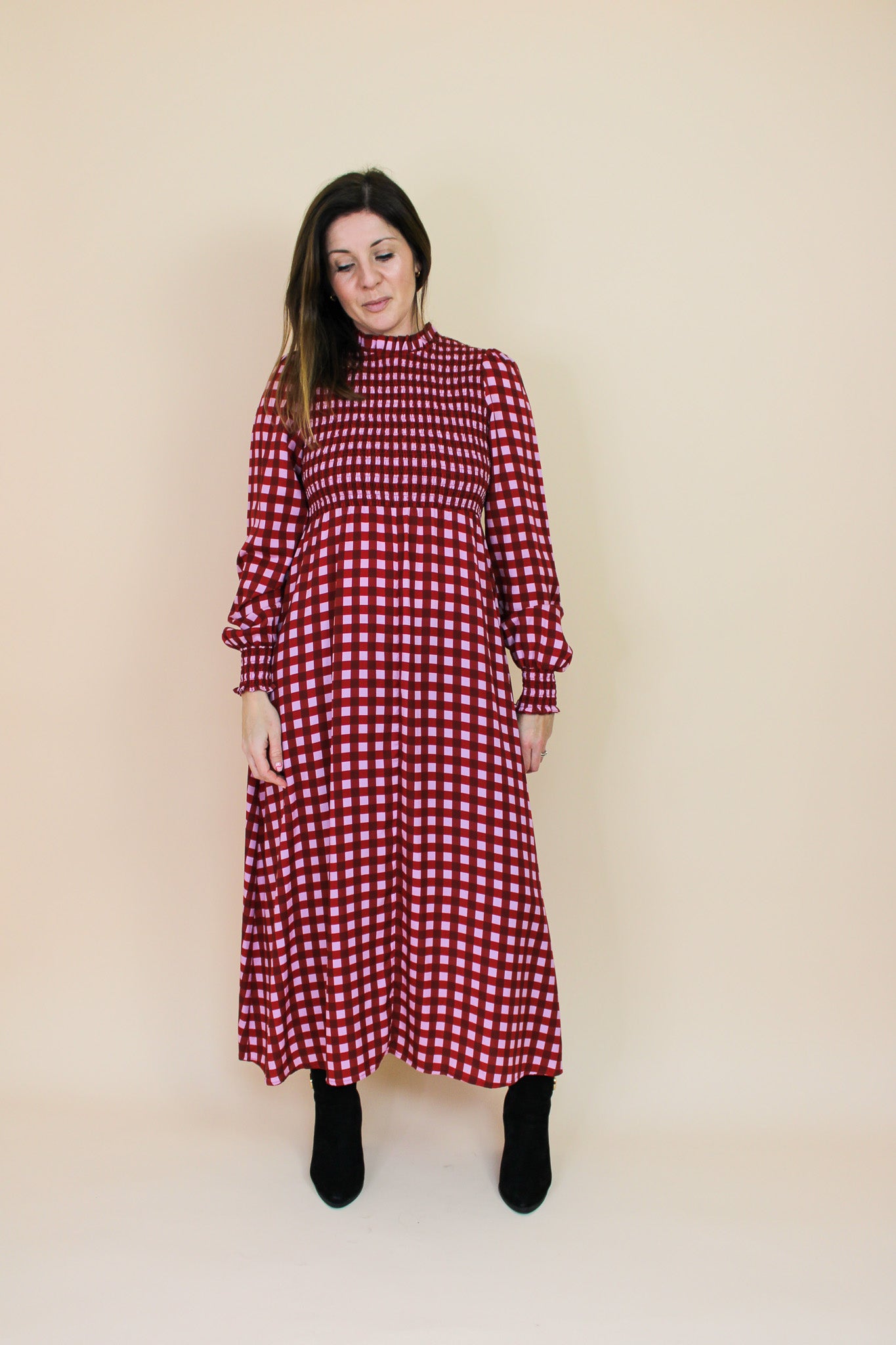 KITRI Molly Pink Checked Shirred Dress Size 14