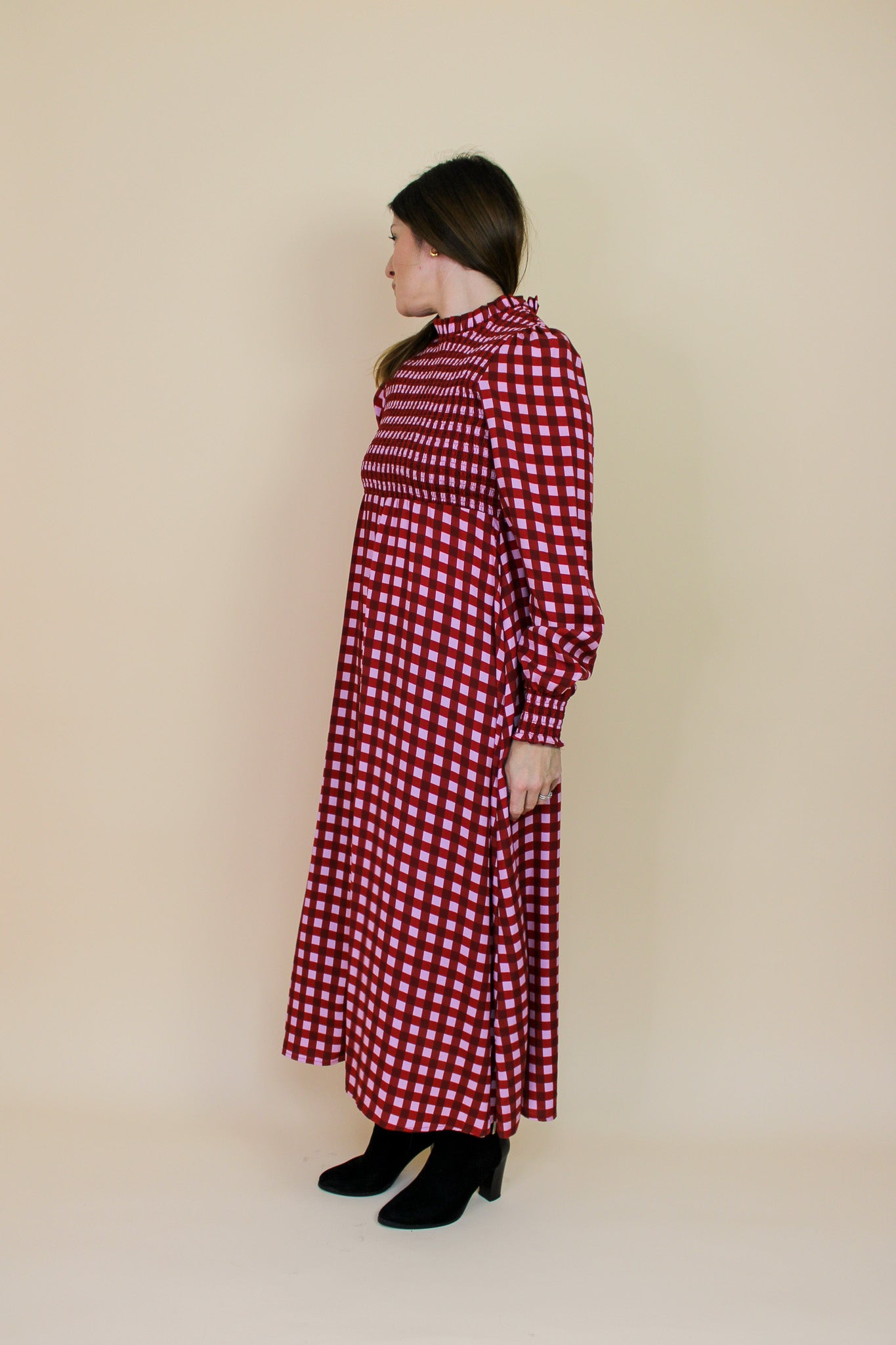 KITRI Molly Pink Checked Shirred Dress Size 14