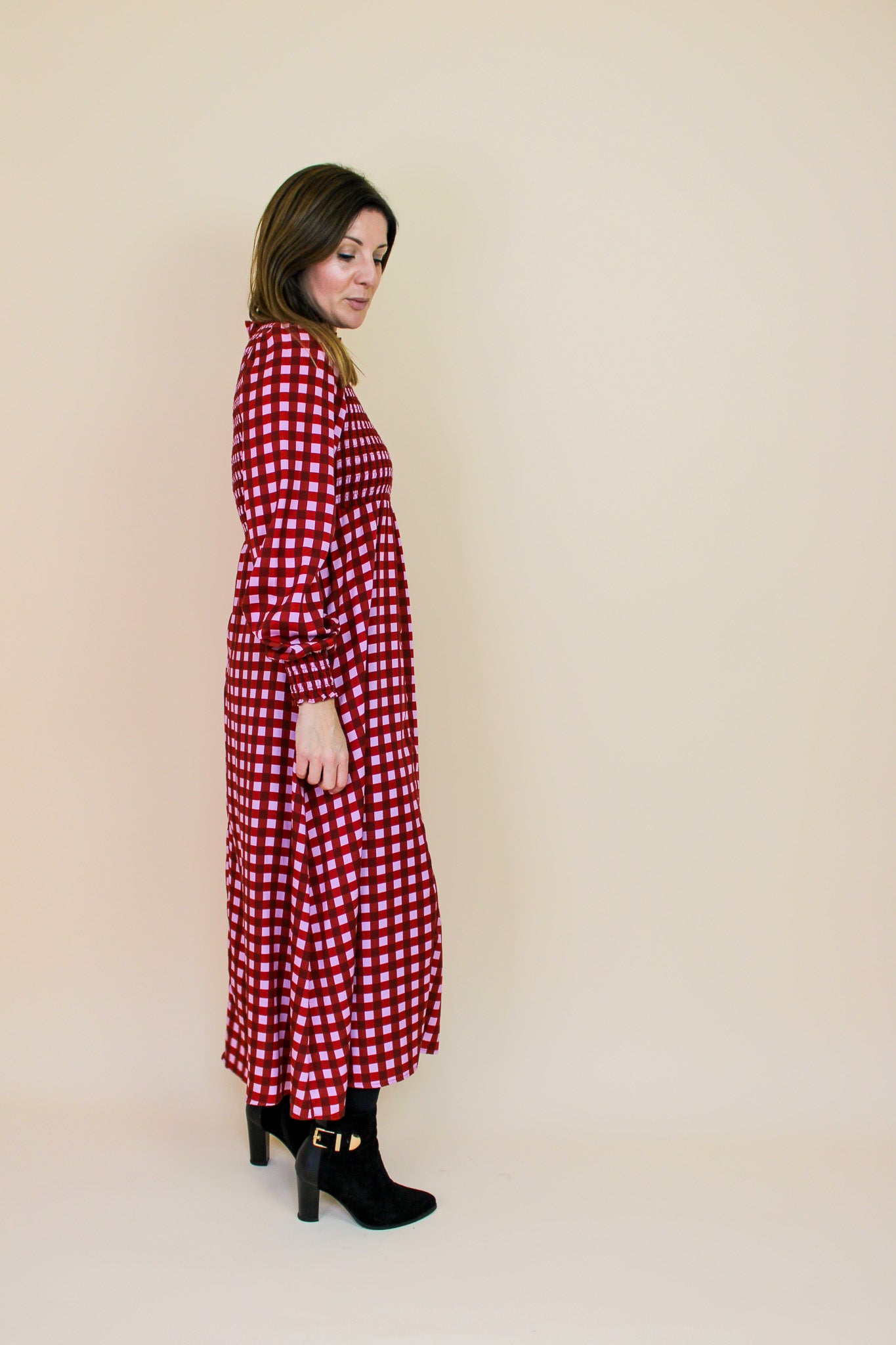 KITRI Molly Pink Checked Shirred Dress Size 14