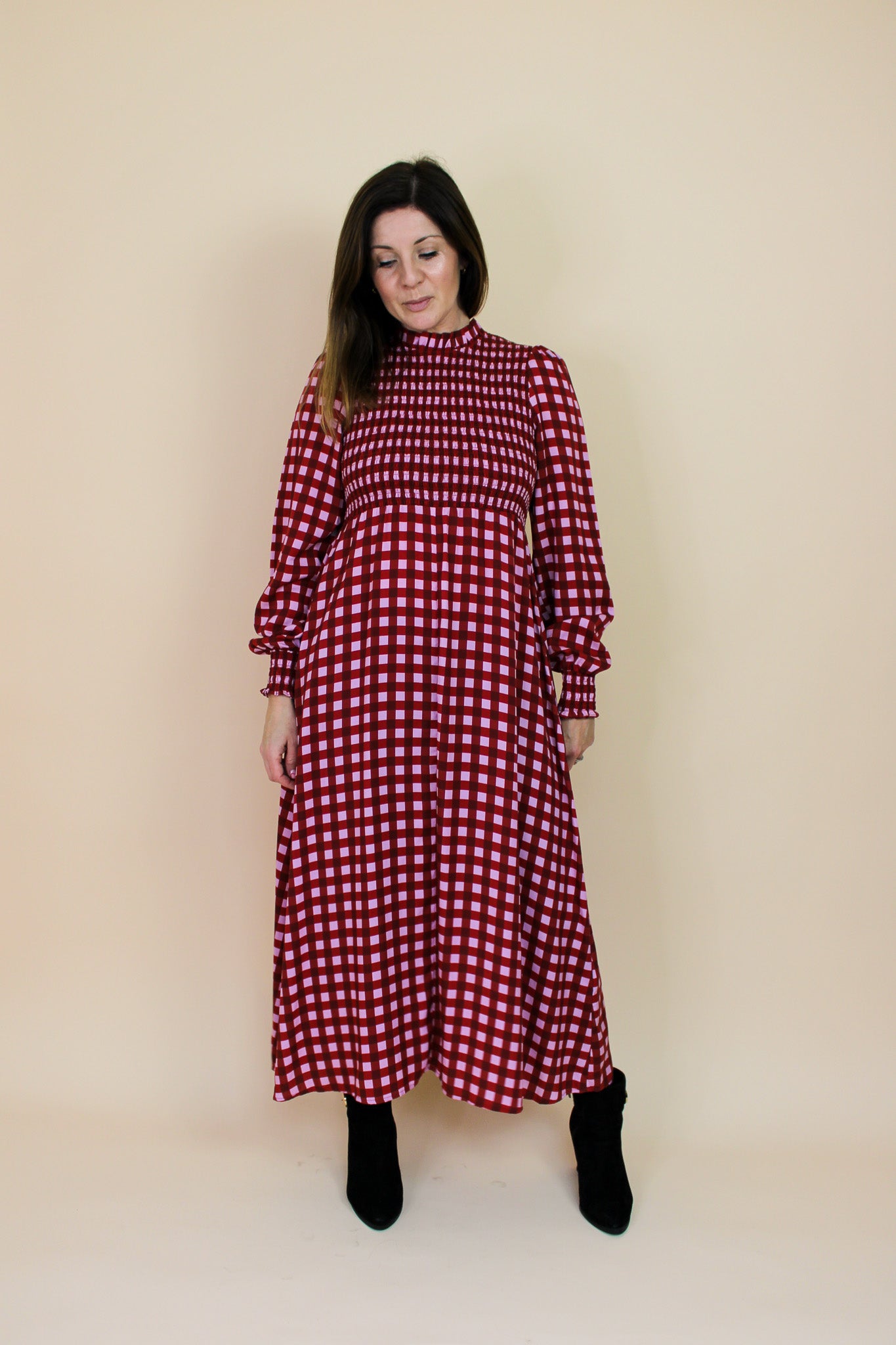 KITRI Molly Pink Checked Shirred Dress Size 14