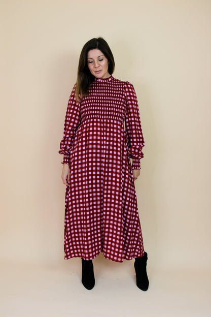 KITRI Molly Pink Checked Shirred Dress Size 14