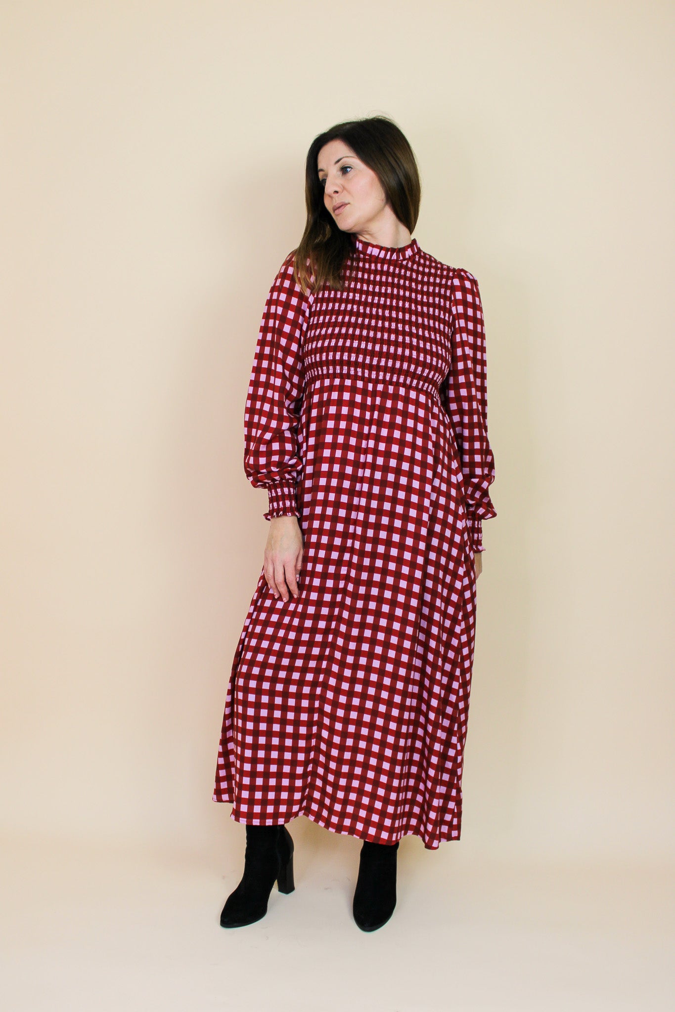 KITRI Molly Pink Checked Shirred Dress Size 14