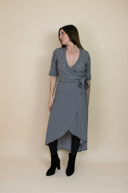 GANNI Gingham Wrap Midi Dress Size 10