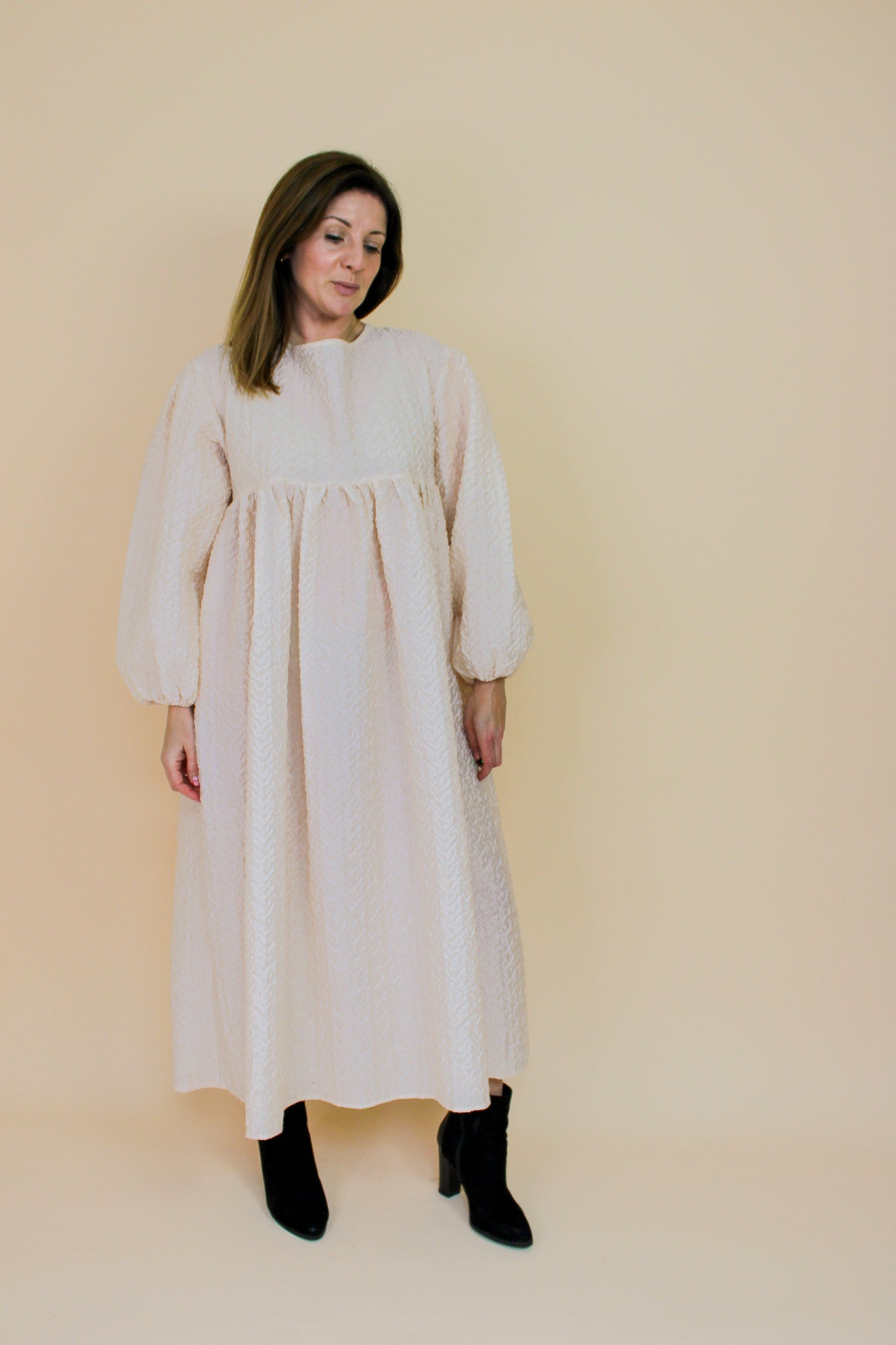 GHOSPELL Balloon Sleeve Midi Smock Dress Size L