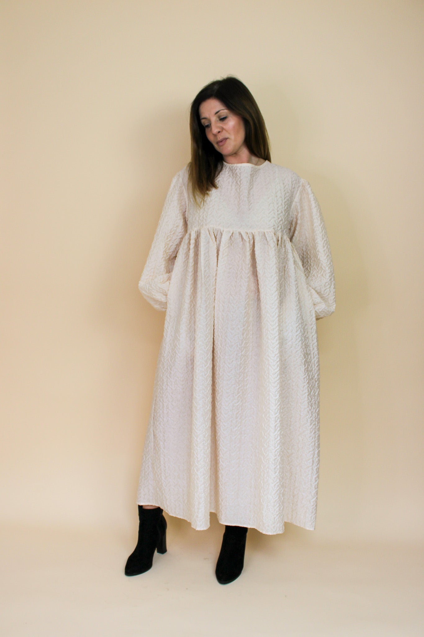 GHOSPELL Balloon Sleeve Midi Smock Dress Size L