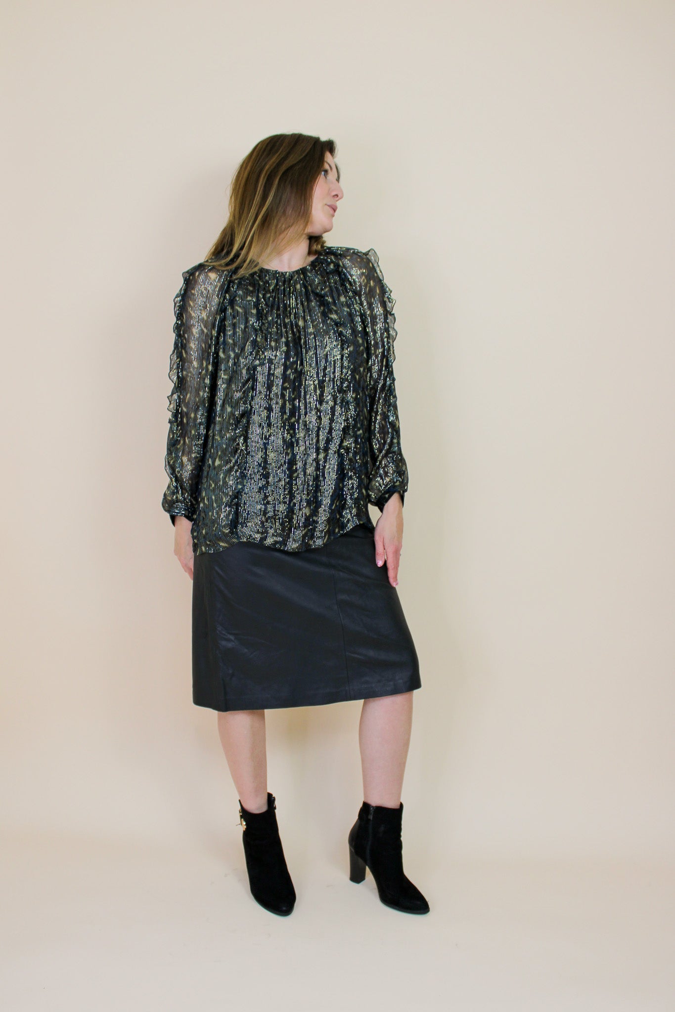 SOEUR Kayla Metallic Frill Long Sleeve Blouse Size 12