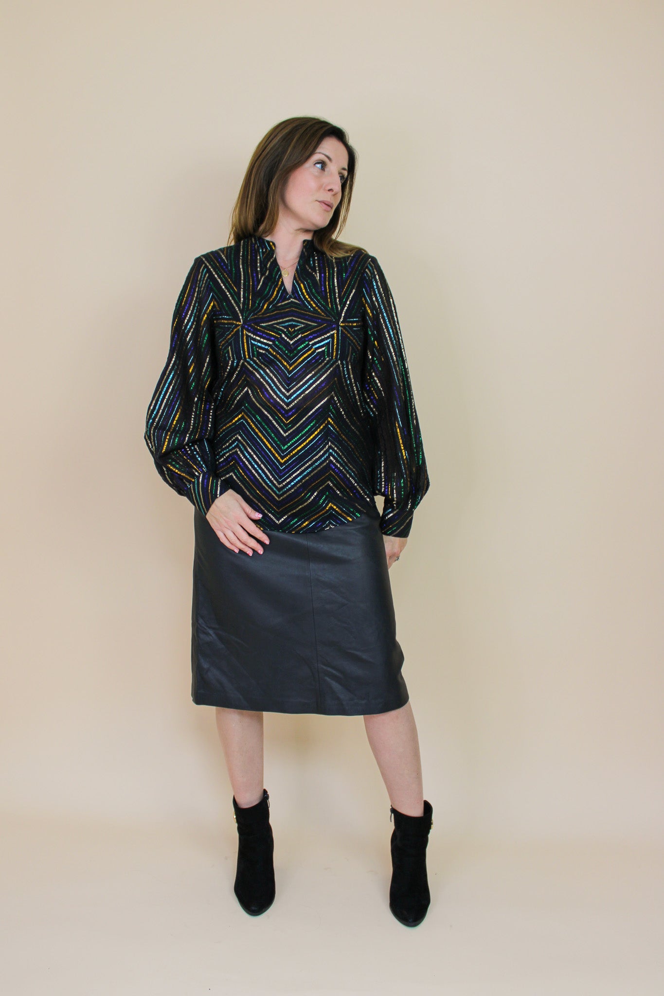 VINTAGE Metallic Stripe Geometric Blouse Size 8-10