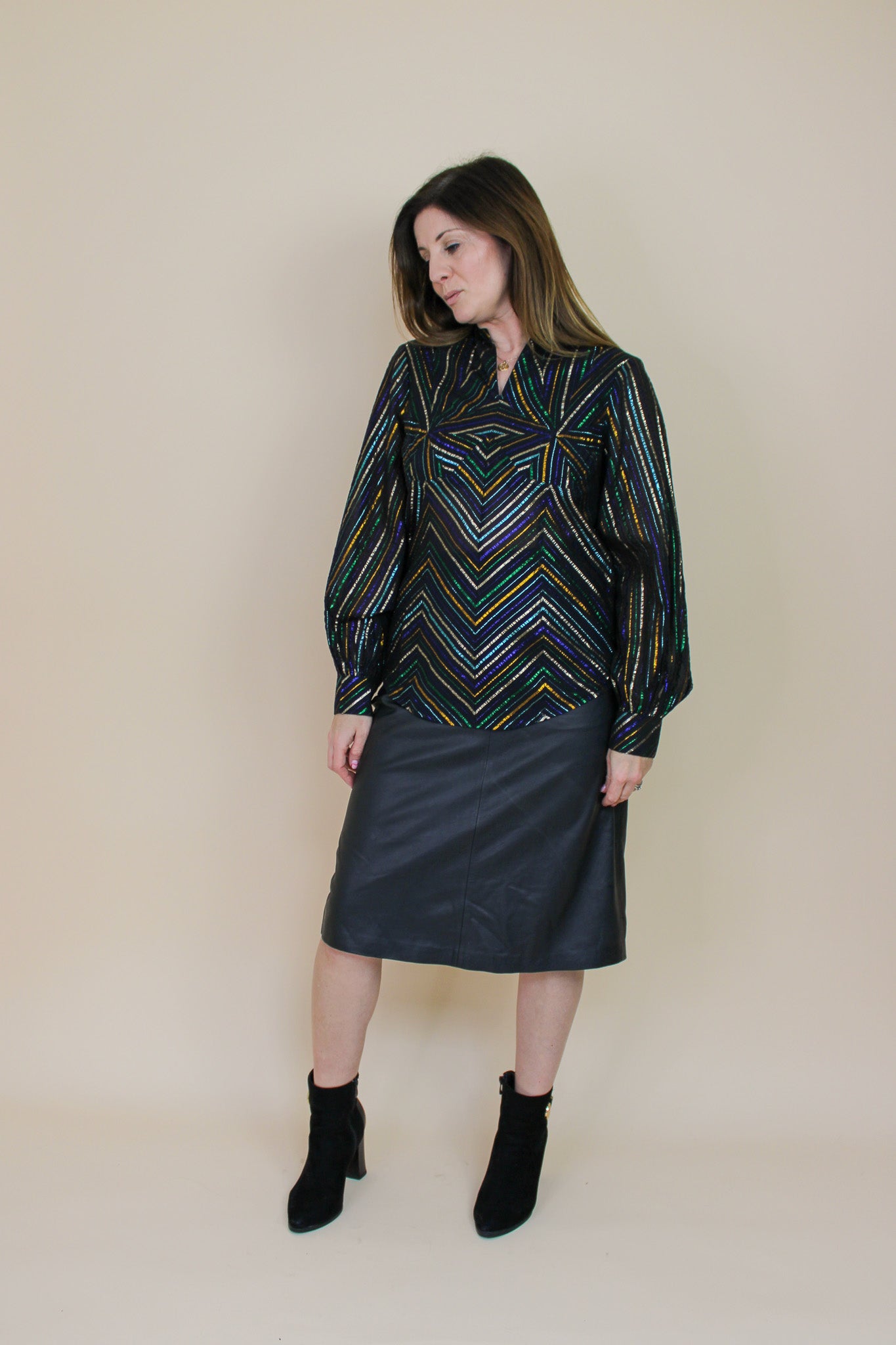 VINTAGE Metallic Stripe Geometric Blouse Size 8-10