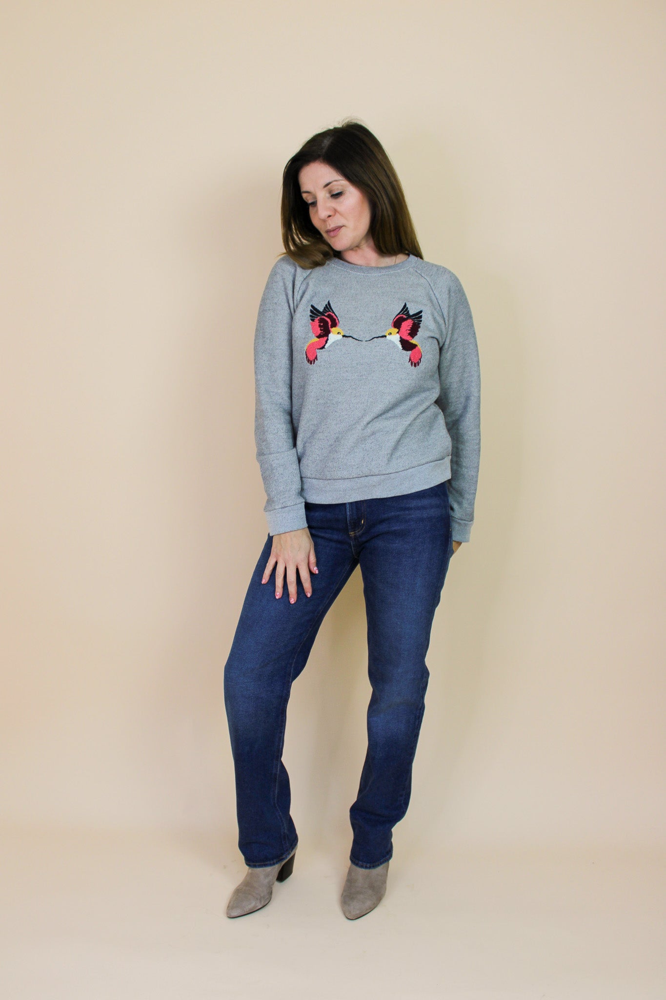 WHISTLES Embroidered Hummingbirds Sweatshirt Size M