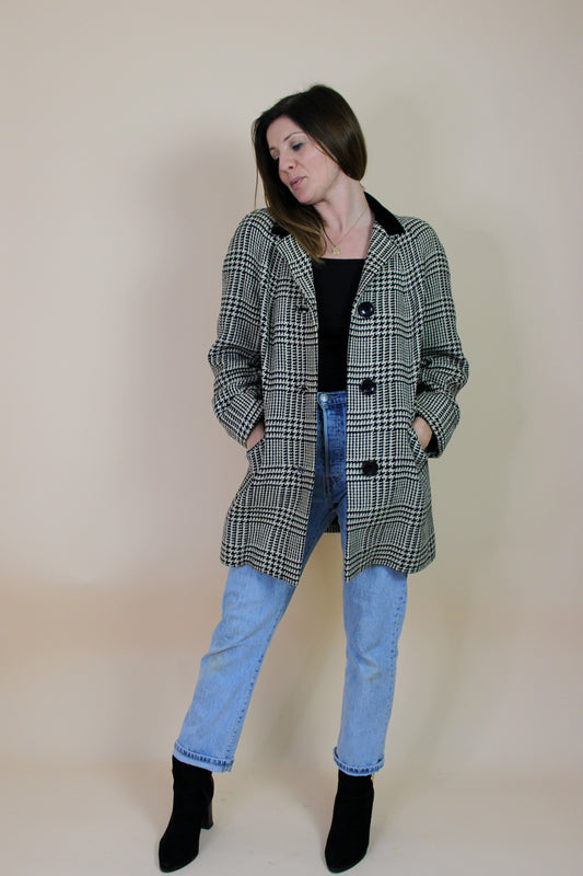 VINTAGE Houndstooth Check Wool Blazer Size 10-12