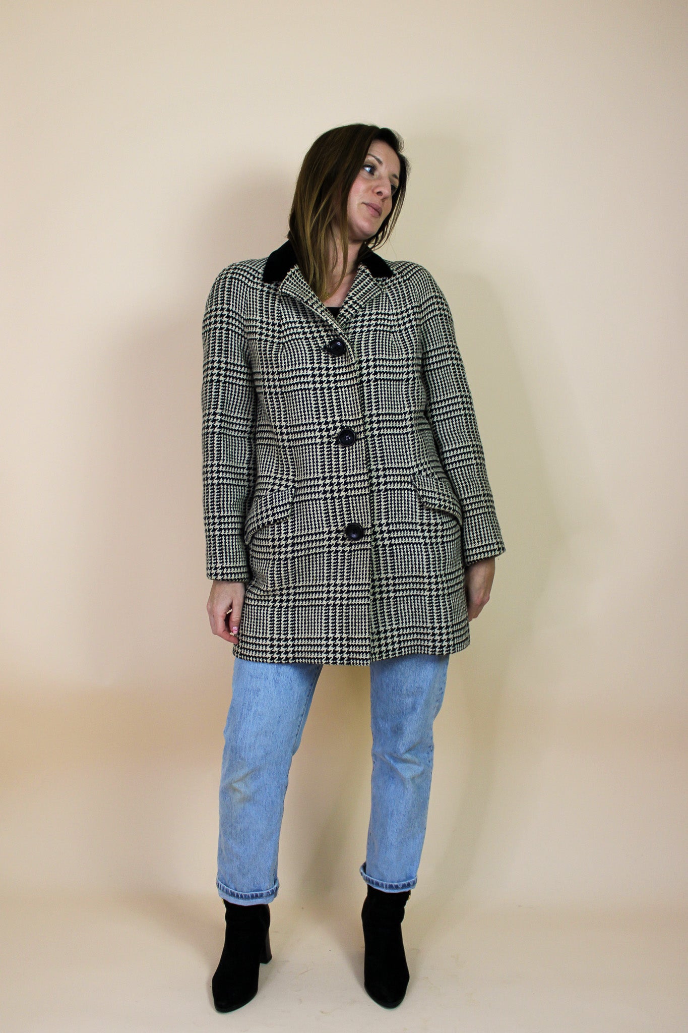 VINTAGE Houndstooth Check Wool Blazer Size 10-12