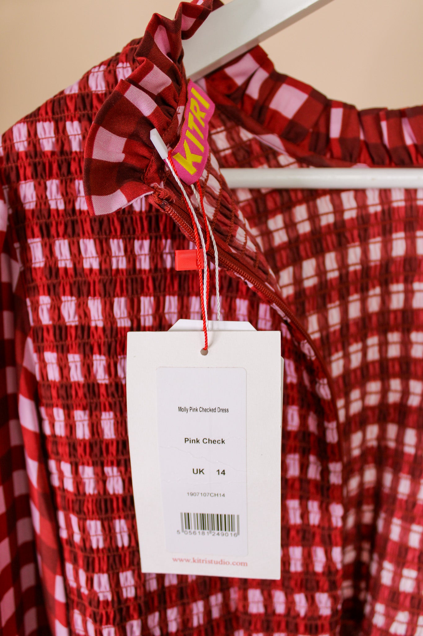 KITRI Molly Pink Checked Shirred Dress Size 14