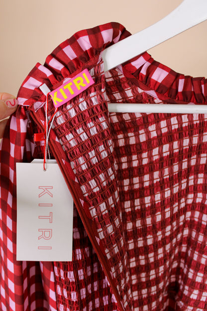 KITRI Molly Pink Checked Shirred Dress Size 14