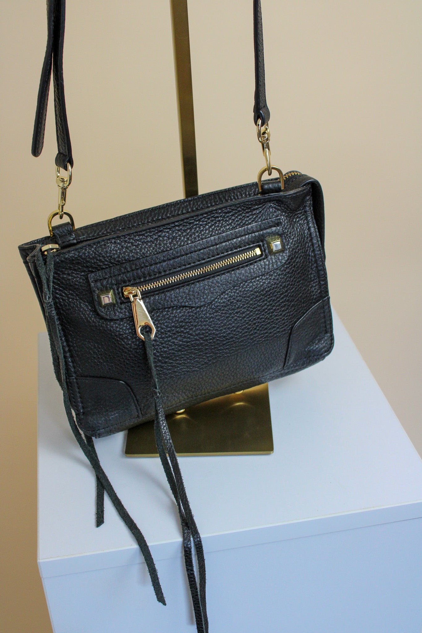 REBECCA MINKOFF Leather Zip Pocket Adjustable Strap Crossbody Bag O/S