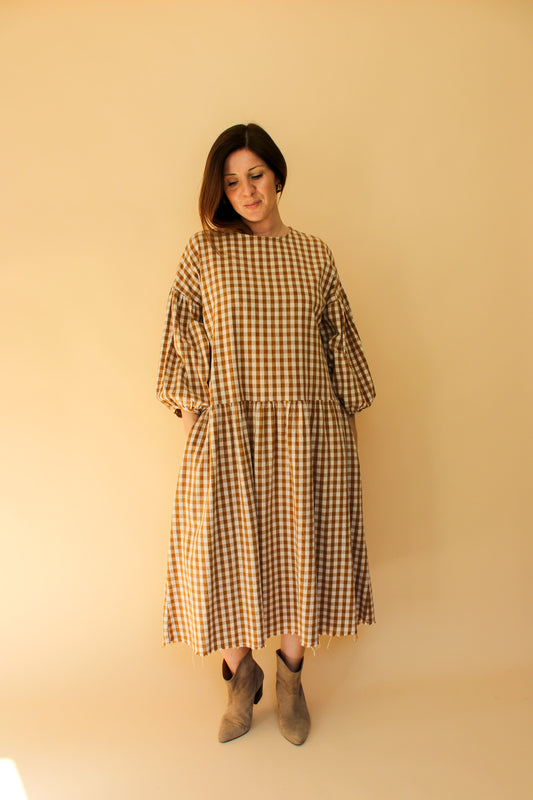 APRIL MEETS OCTOBER Gingham Midi Raw Edge Dress One Size