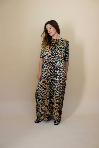 GANNI Leopard print short sleeve silk midi dress Size 14-16
