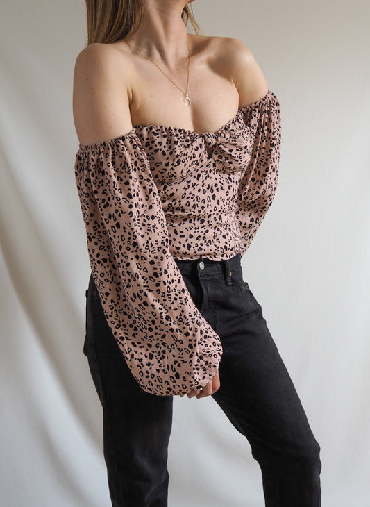 REFORMATION Animal Print Off The Shoulder Top UK 8